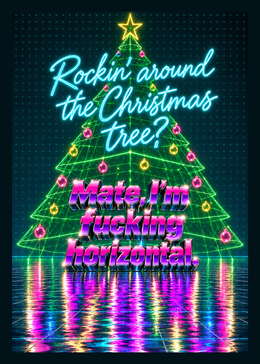 Rude Christmas card showing a neon wireframe Christmas tree with glowing cyan script and chrome 80s block, by Gigglz