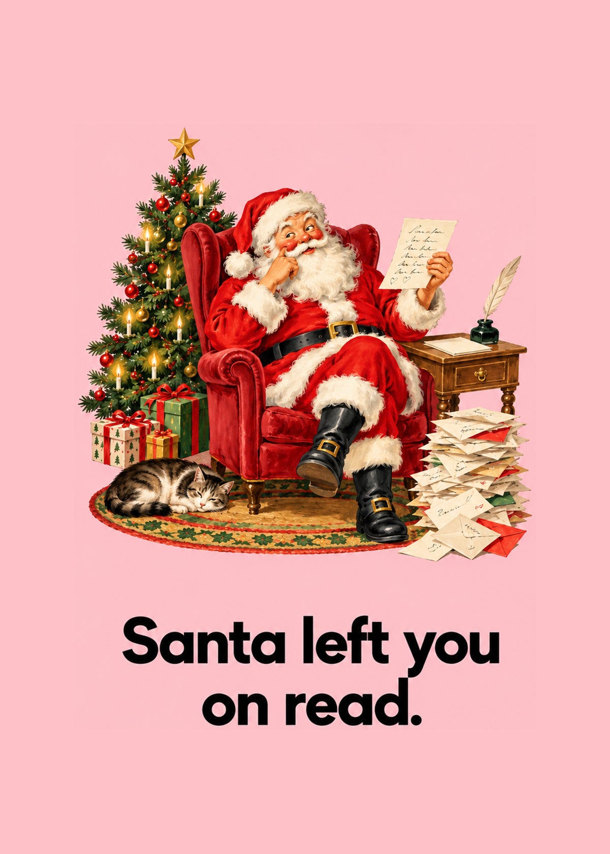 Funny Christmas card showing a vintage-style Santa in a red armchair smirking at a letter beside a pile, by Gigglz