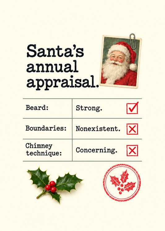 Funny Christmas card showing a typewritten HR appraisal form with a paper-clipped Santa photo, tick boxes, holly, by Gigglz