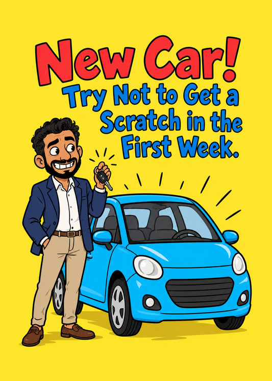 Funny congratulations card showing a proud man with keys beside a shiny new car, with Try Not to Scratch It text, by Gigglz
