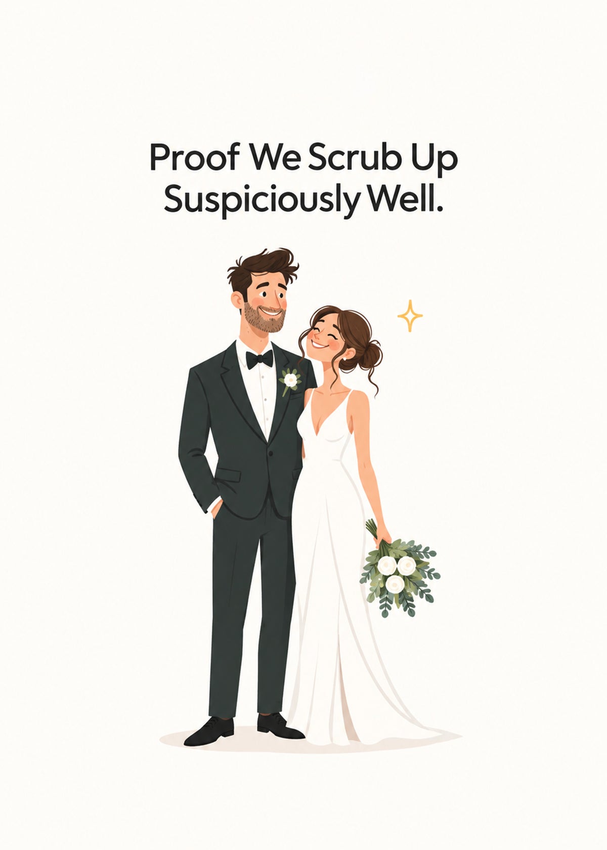 Funny wedding card showing an elegant bride and groom in a tuxedo and white gown with a bouquet on a white ground, by Gigglz