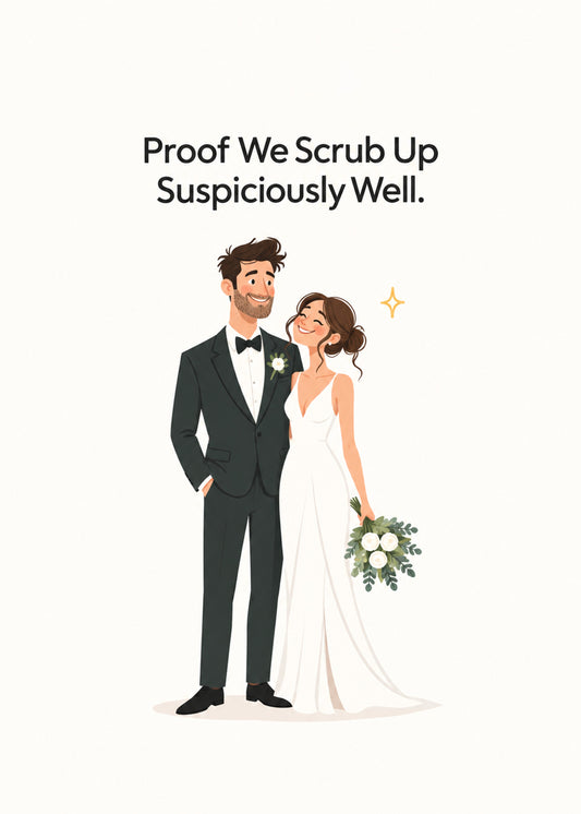 Funny wedding card showing an elegant bride and groom in a tuxedo and white gown with a bouquet on a white ground, by Gigglz