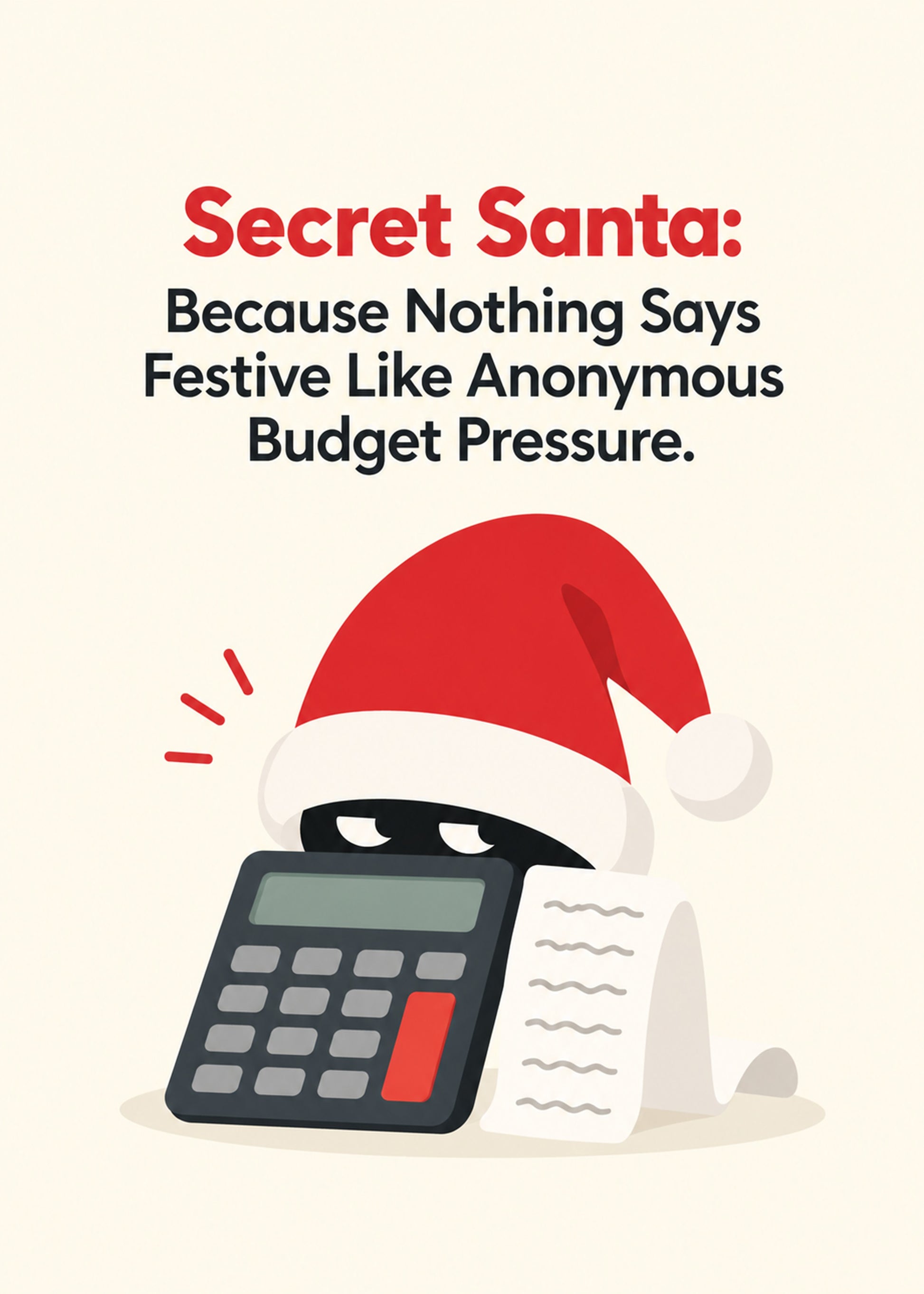 Funny Christmas card showing a calculator in a Santa hat with a receipt, with Anonymous Budget Pressure text, by Gigglz