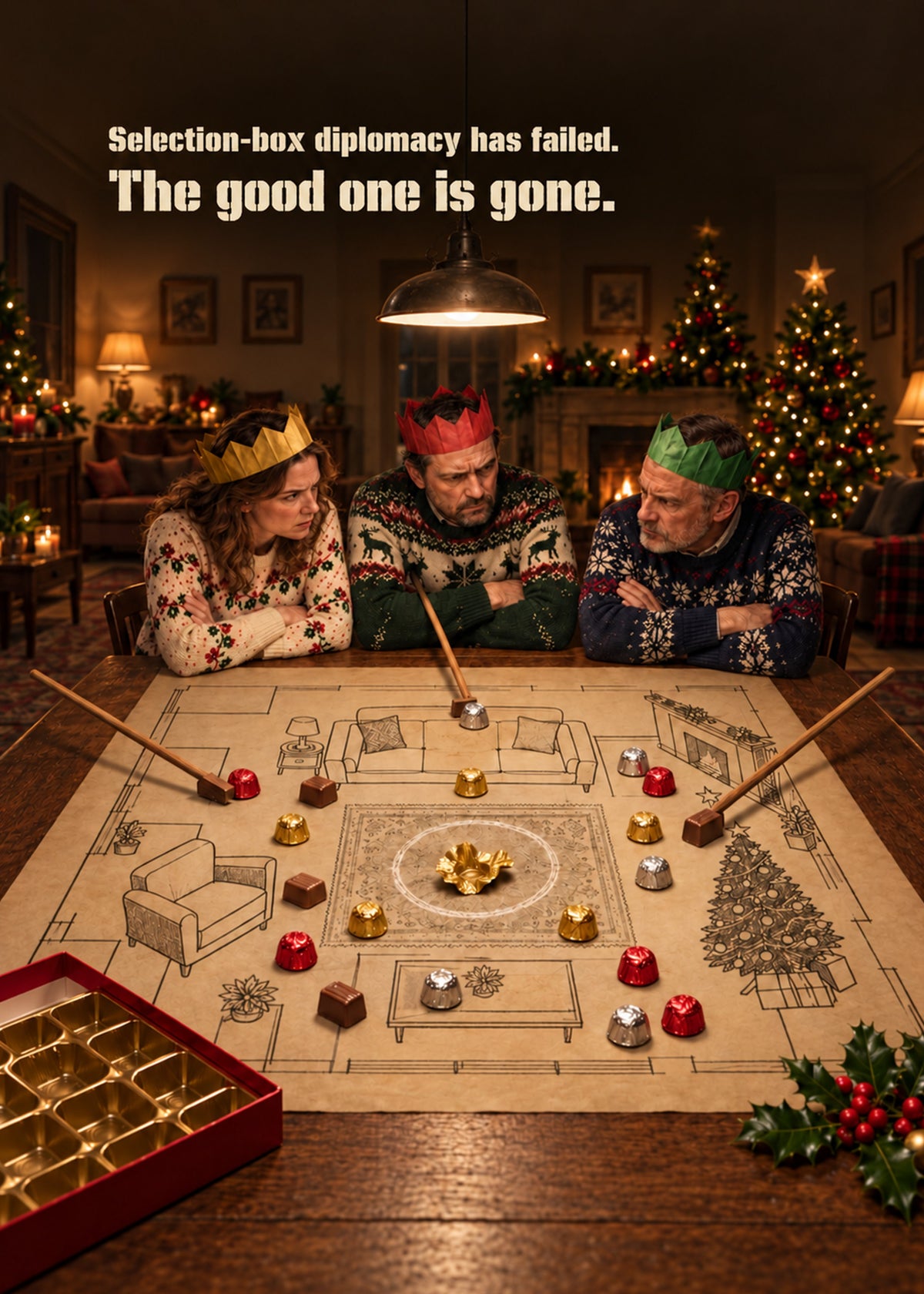 Funny Christmas card showing a cinematic war-room scene of a family in paper crowns pushing chocolates around, by Gigglz