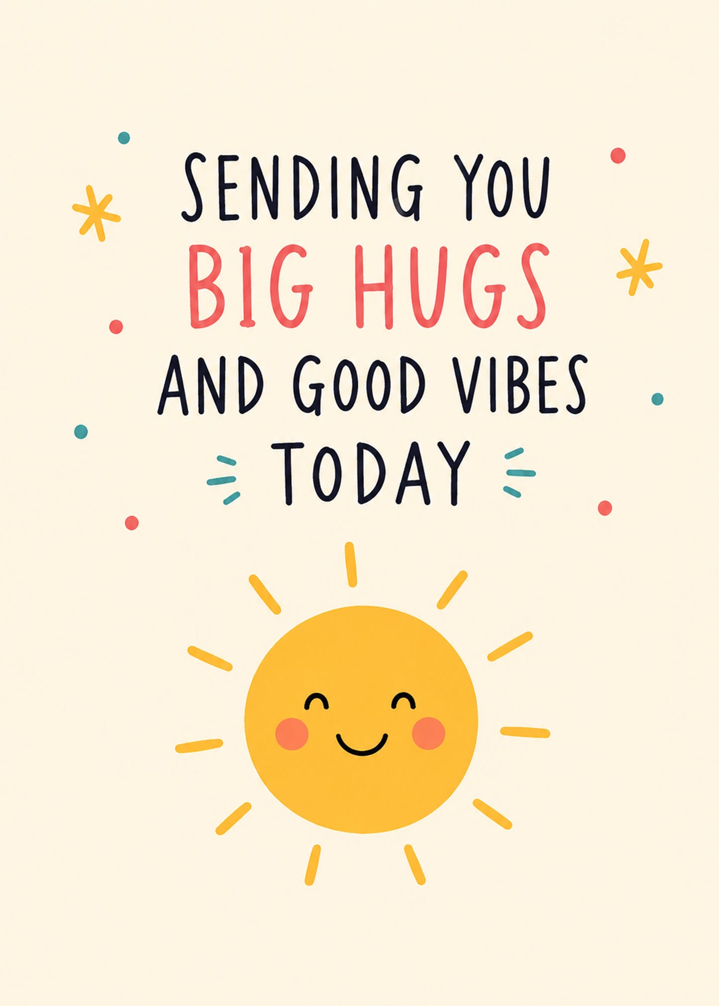 Cute everyday card showing a smiling yellow sun with confetti dots, with Sending You Big Hugs and Good Vibes text, by Gigglz