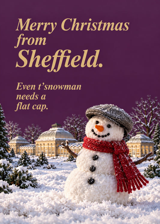 Funny Christmas card showing a photoreal snowman in a flat cap and red scarf in a snowy park with glasshouse, by Gigglz