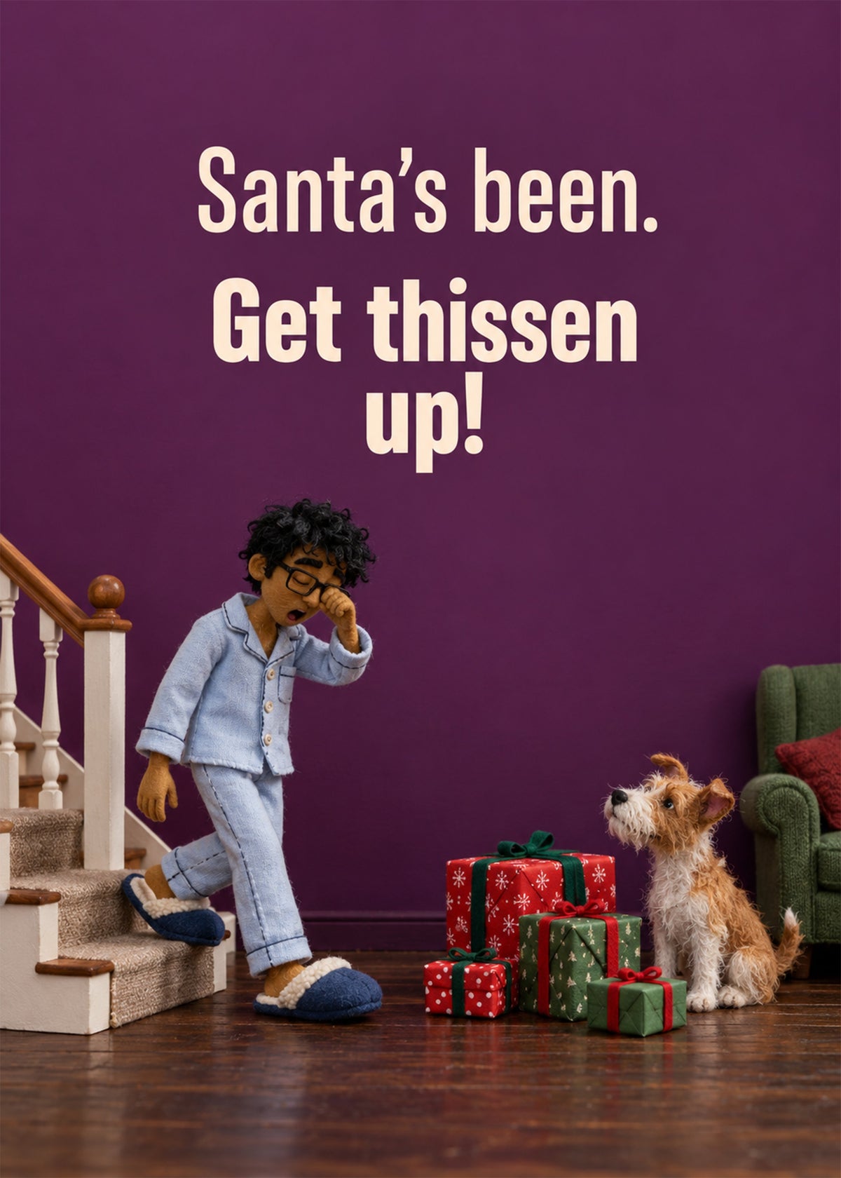 Funny Christmas card showing a stop-motion style scene of a bleary man in pyjamas stumbling downstairs to find, by Gigglz