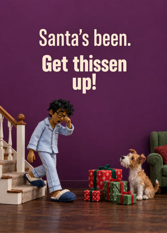 Funny Christmas card showing a stop-motion style scene of a bleary man in pyjamas stumbling downstairs to find, by Gigglz