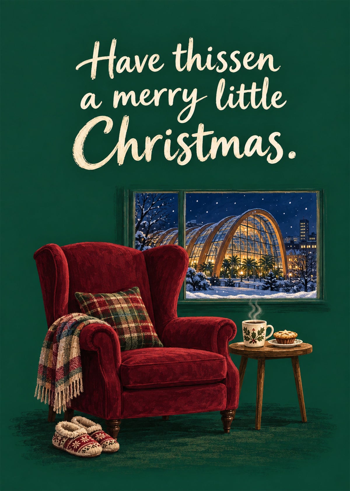 Heartwarming Christmas card showing a cosy red velvet armchair with a tartan blanket, slippers and a mince pie, by Gigglz