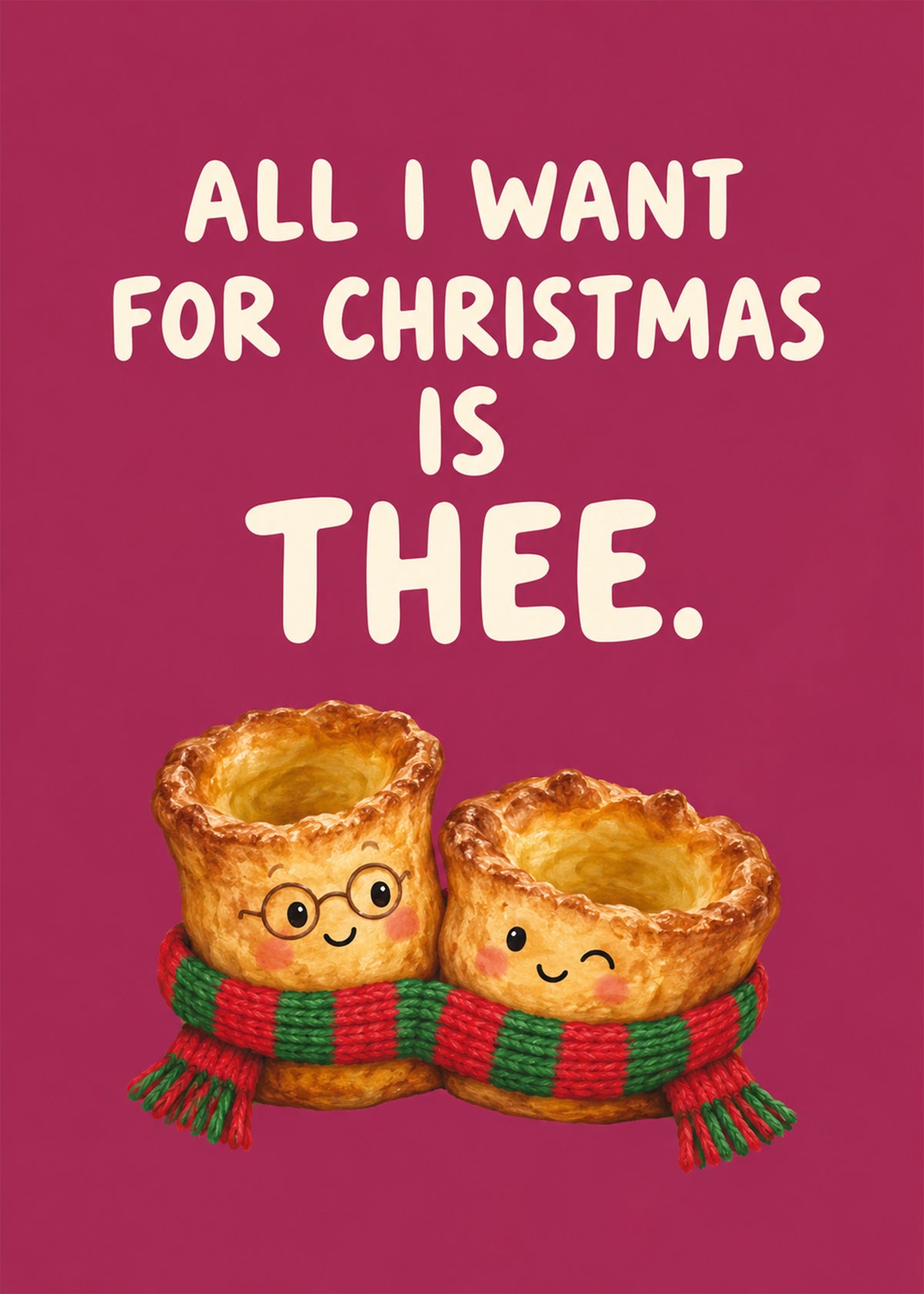 Funny Christmas card showing two smiling Yorkshire puddings snuggled in a shared red-and-green scarf, by Gigglz