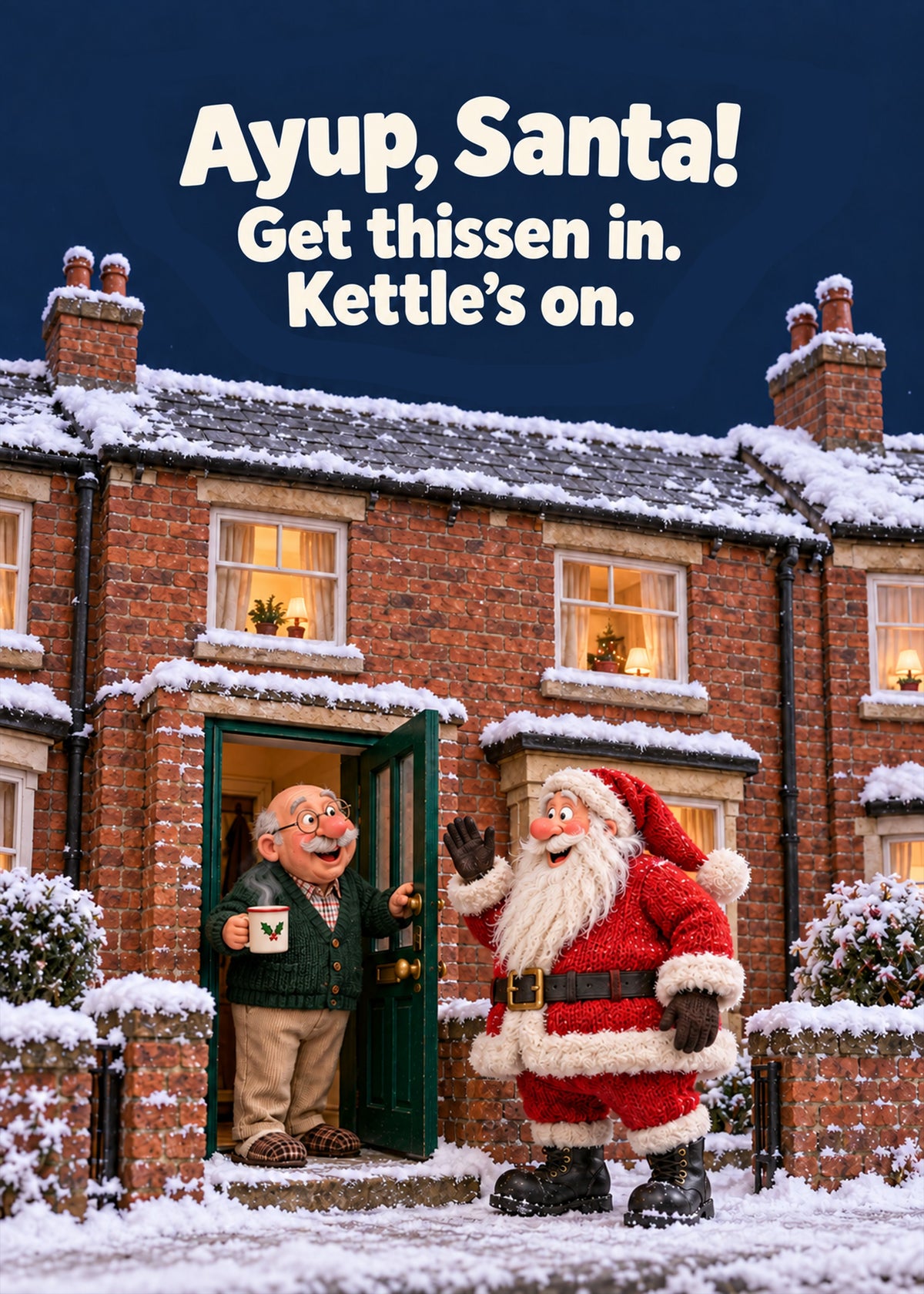 Funny Christmas card showing a stop-motion style snowy terraced street where an old man with a mug welcomes Santa, by Gigglz