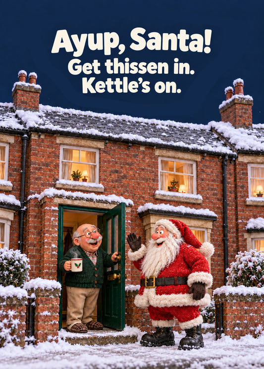 Funny Christmas card showing a stop-motion style snowy terraced street where an old man with a mug welcomes Santa, by Gigglz