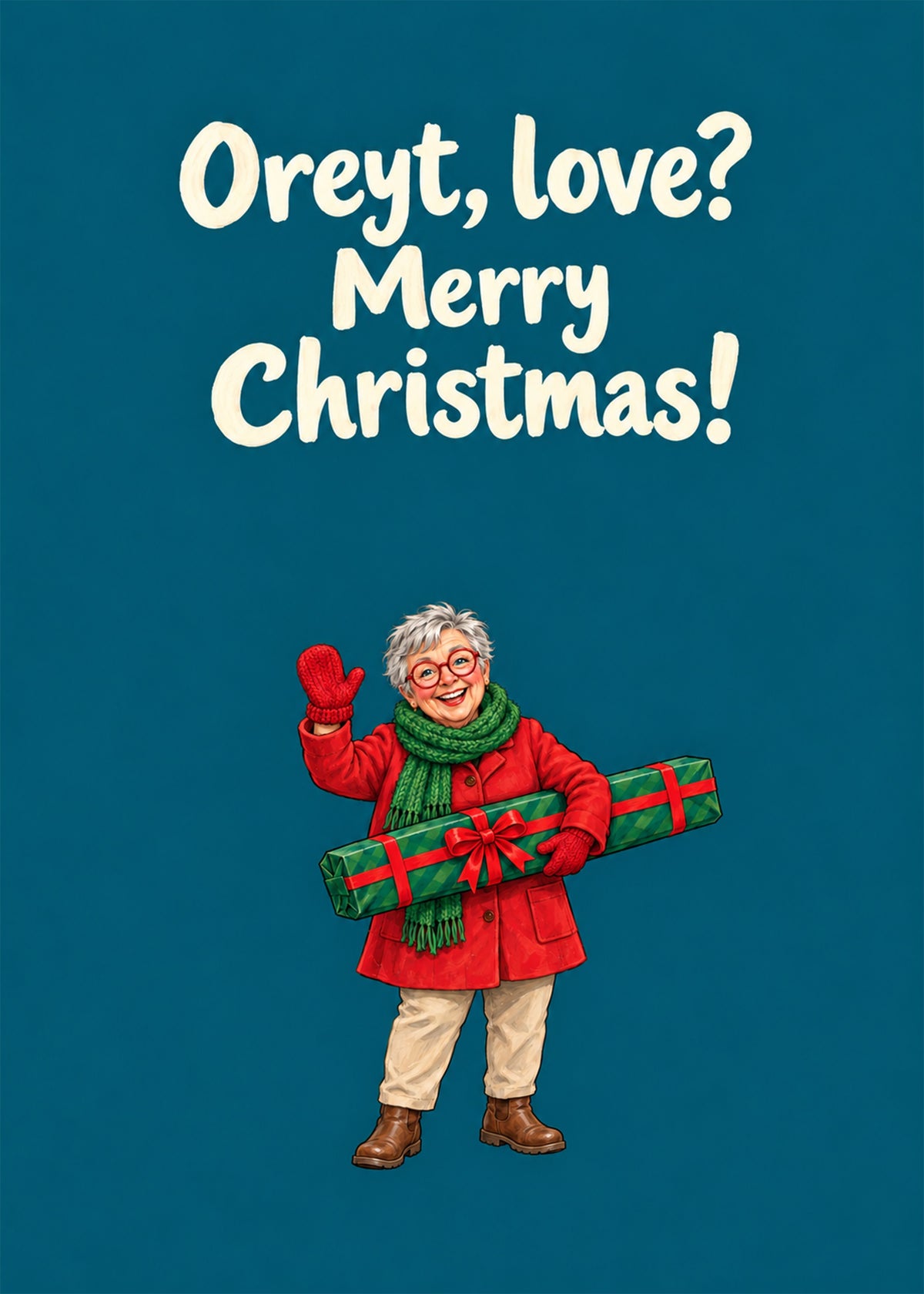 Funny Christmas card showing a cheerful older woman in a red coat and green scarf waving with a wrapped present, by Gigglz