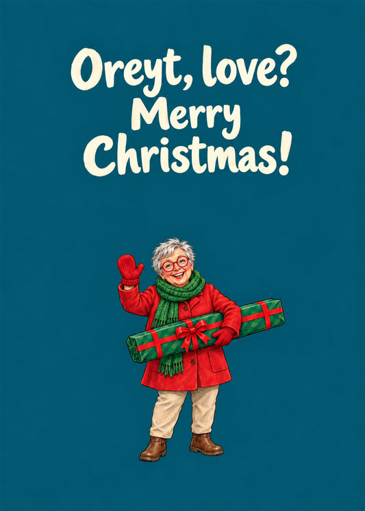 Funny Christmas card showing a cheerful older woman in a red coat and green scarf waving with a wrapped present, by Gigglz