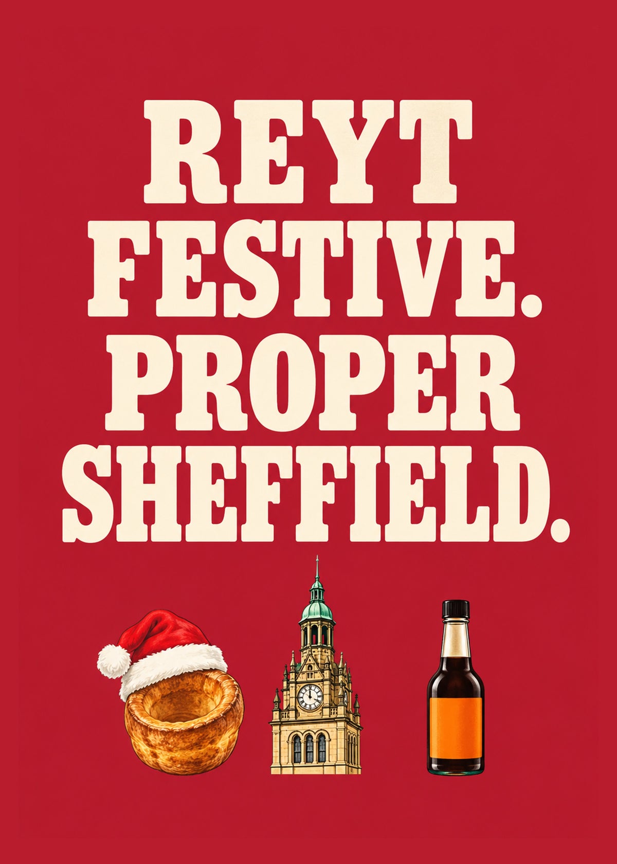 Funny Christmas card showing bold cream slab lettering above a Yorkshire pudding in a Santa hat, the town hall, by Gigglz