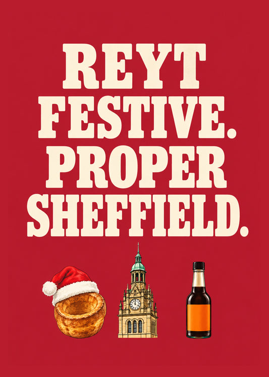 Funny Christmas card showing bold cream slab lettering above a Yorkshire pudding in a Santa hat, the town hall, by Gigglz