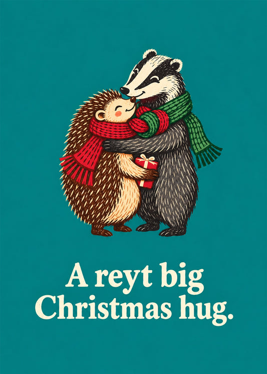 Cute Christmas card showing a vintage-style hedgehog and badger in woolly scarves sharing a hug and a present, by Gigglz