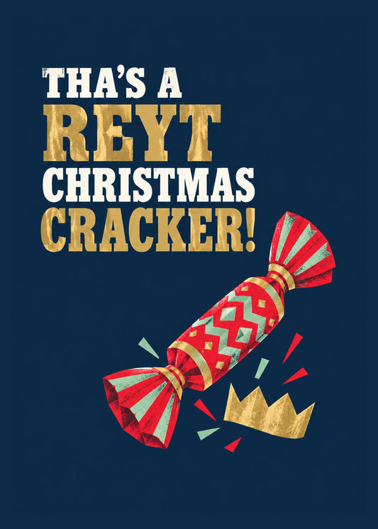 Funny Christmas card showing bold gold and cream lettering with a pulled Christmas cracker and paper crown, by Gigglz