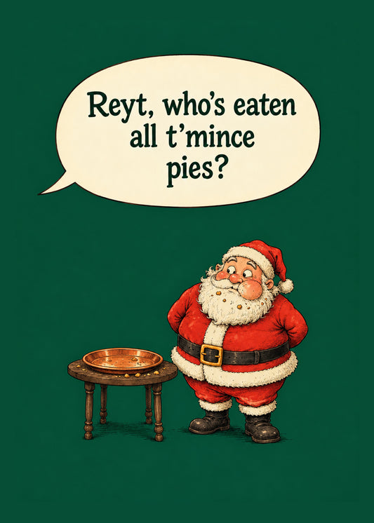 Funny Christmas card showing a vintage-style guilty Santa with crumbs in his beard beside an empty plate on a dark, by Gigglz