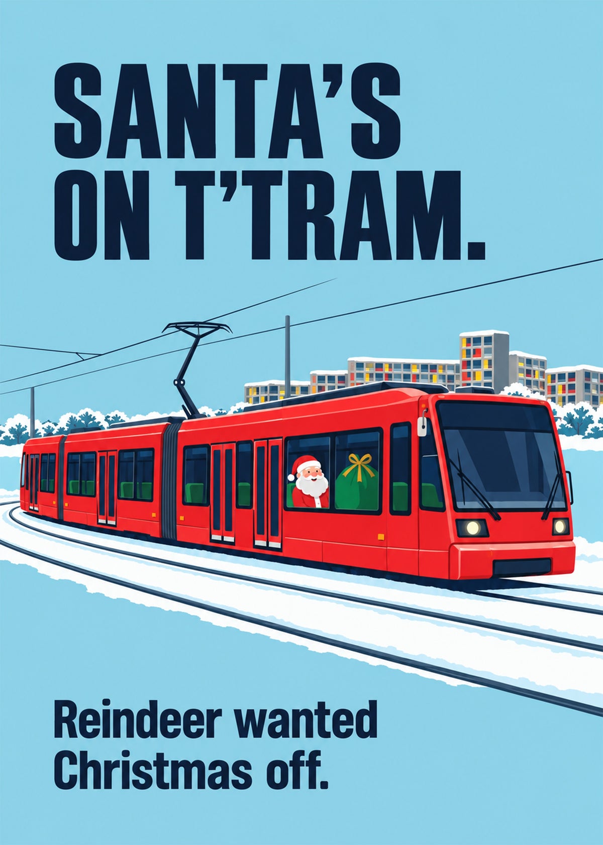 Funny Christmas card showing a retro travel-poster style red tram gliding through snow with Santa waving, by Gigglz