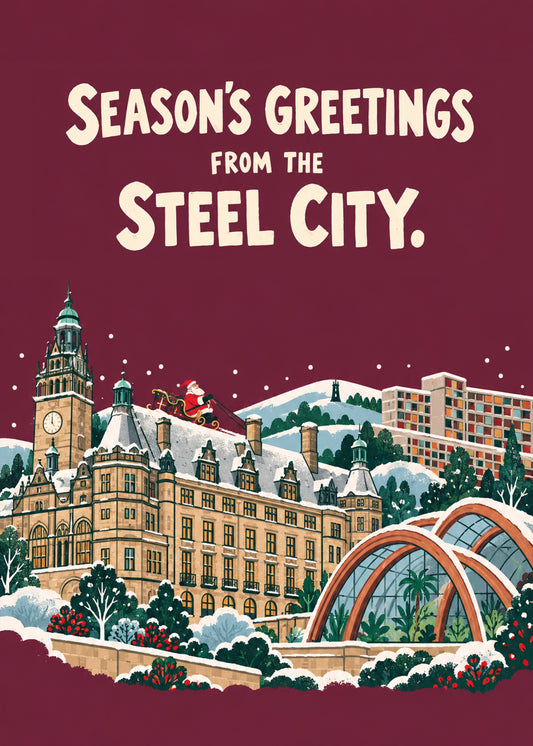 Heartwarming Christmas card showing a vintage poster-style snowy Sheffield skyline with the town hall, city hall, by Gigglz