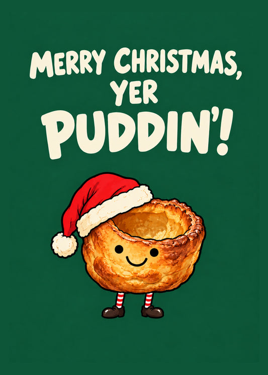 Funny Christmas card showing a smiling cartoon Yorkshire pudding in a Santa hat and stripy socks on a dark green, by Gigglz