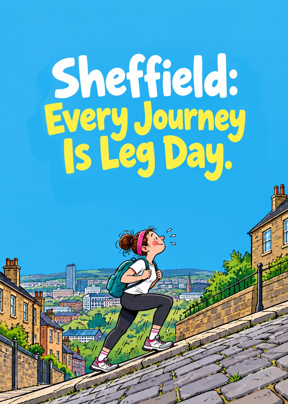 Funny everyday card showing a determined walker climbing a steep cobbled street with the city skyline behind, by Gigglz
