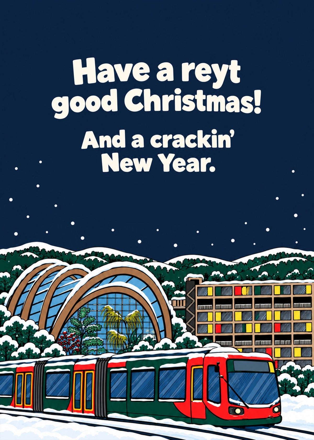 Heartwarming Christmas card showing a snowy night scene of a tram passing the winter garden glasshouse, by Gigglz
