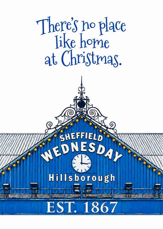 Heartwarming Christmas card showing a hand-drawn blue football stand gable with a clock and fairy lights, by Gigglz