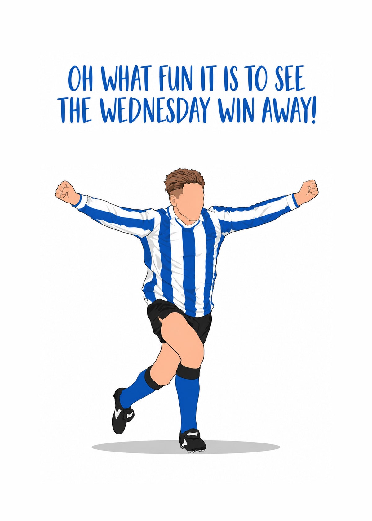 Funny Christmas card showing a faceless footballer in blue and white stripes celebrating a goal on a white ground, by Gigglz