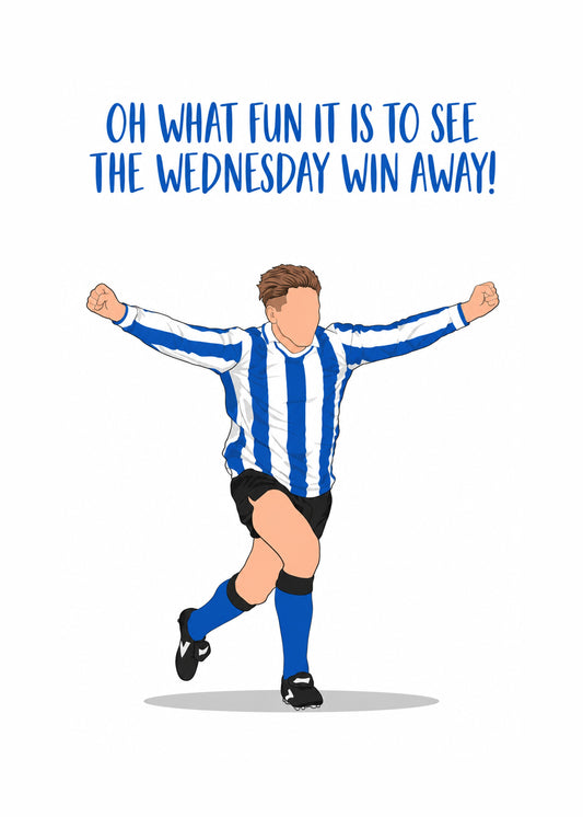 Funny Christmas card showing a faceless footballer in blue and white stripes celebrating a goal on a white ground, by Gigglz
