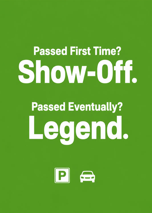 Funny congratulations card showing bold type with a P plate and a small car, with Passed First Time text, by Gigglz