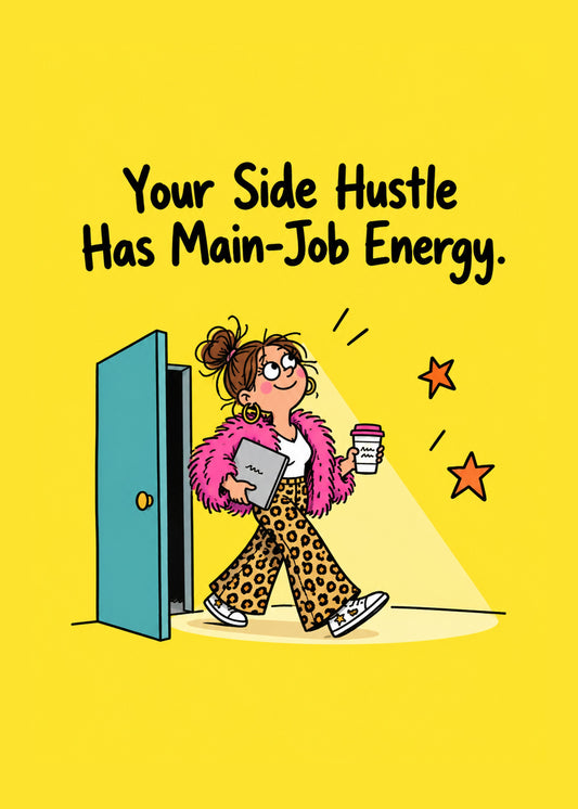 Funny congratulations card showing a stylish woman in a pink fur jacket striding out of a door with a laptop, by Gigglz