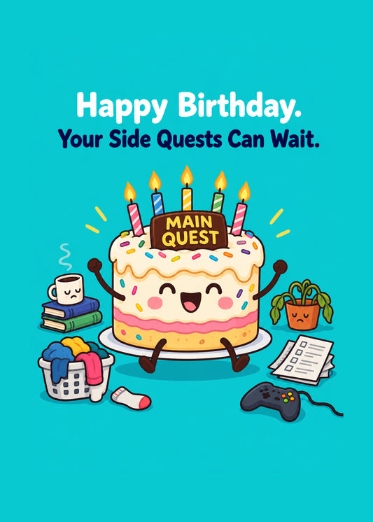 Funny birthday card showing a cheering 'main quest' birthday cake surrounded by sulking chores: laundry, washing, by Gigglz