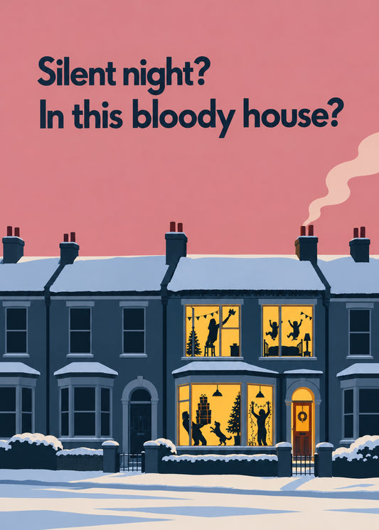 Funny Christmas card showing a snowy terrace at dusk with every window glowing and silhouettes of kids, pets, by Gigglz