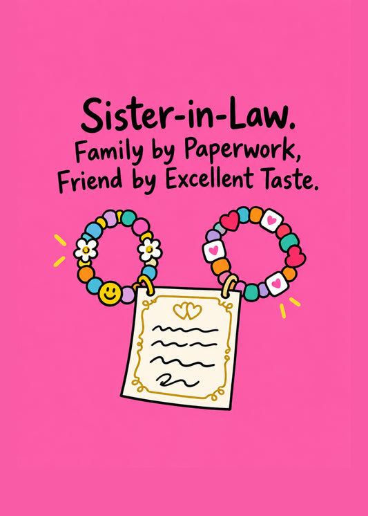 Funny birthday card showing two beaded friendship bracelets clipped to a signed certificate on a hot pink ground, by Gigglz
