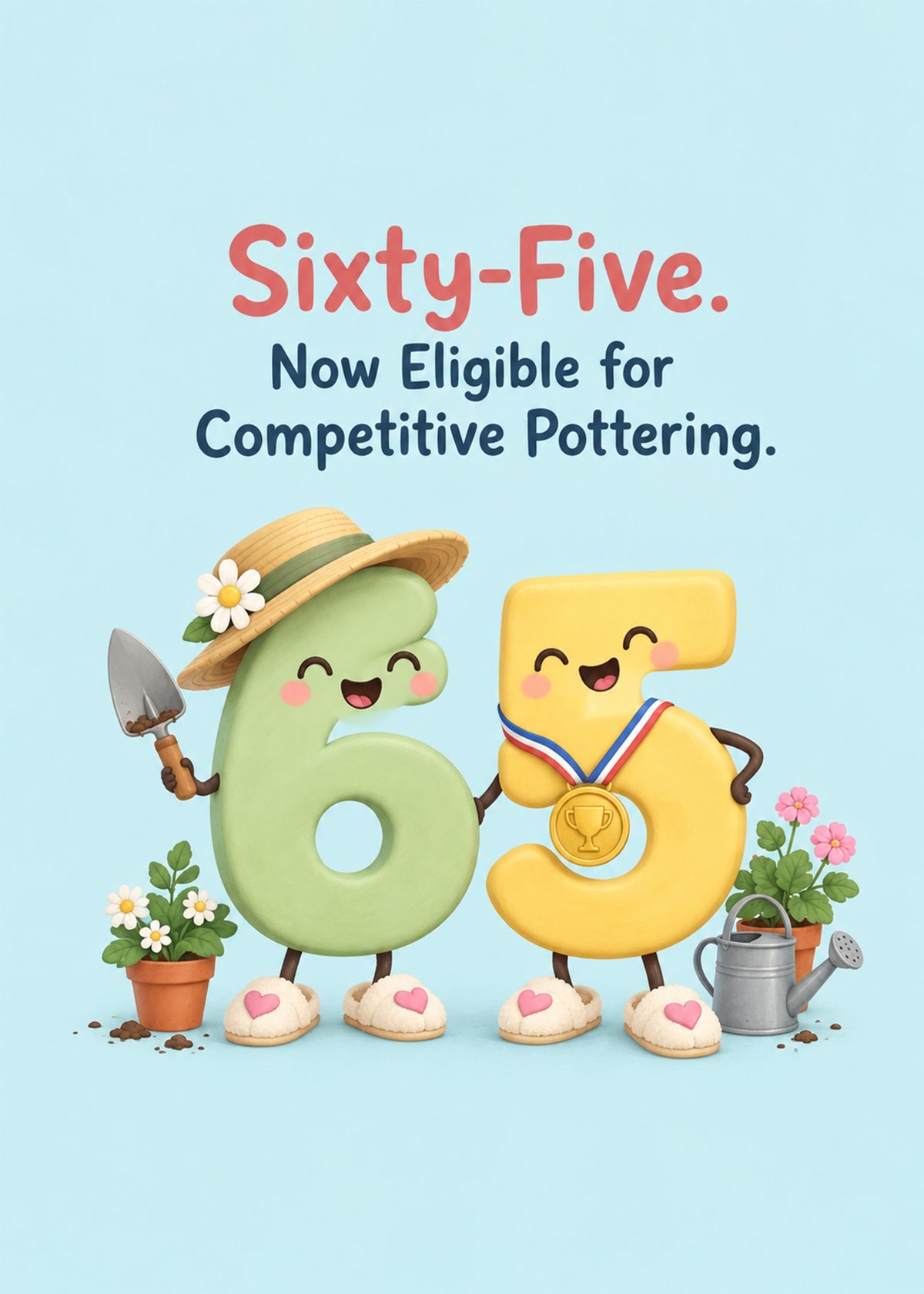 Funny birthday card showing a cartoon 6 in a sun hat with a trowel and a 5 wearing a gold medal among potted, by Gigglz