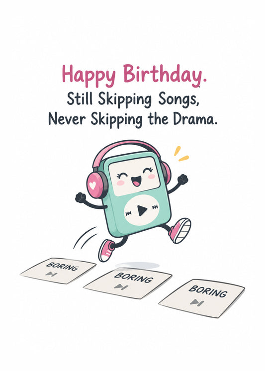 Funny birthday card showing a cartoon music player in headphones leaping over tiles marked 'boring' on a white, by Gigglz