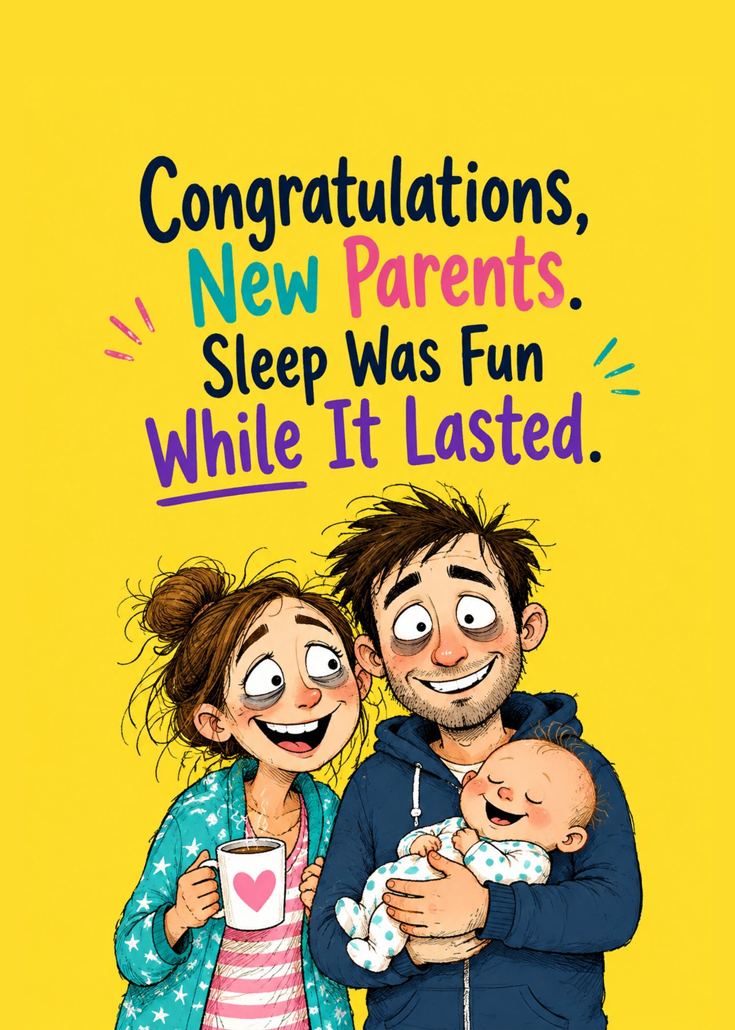 Funny new baby card showing two frazzled but happy new parents holding a newborn, by Gigglz
