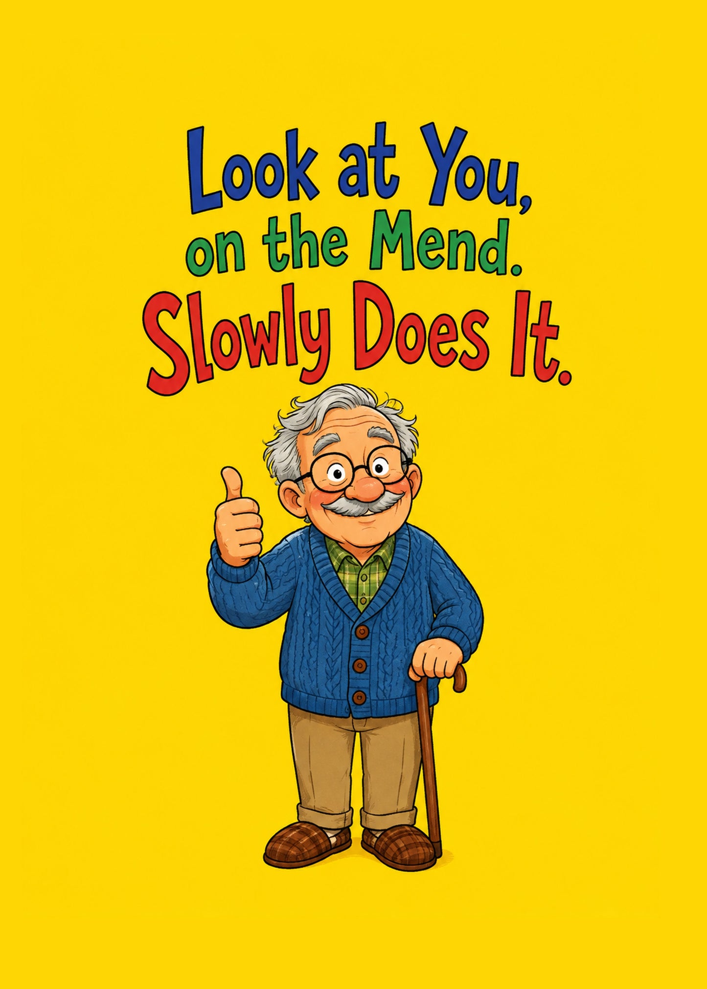 Funny get well card showing a recovering older man giving a thumbs up with a cane, with On the Mend text, by Gigglz