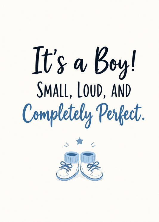 Cute new baby card showing a pair of blue baby booties with a star, with Small text, by Gigglz