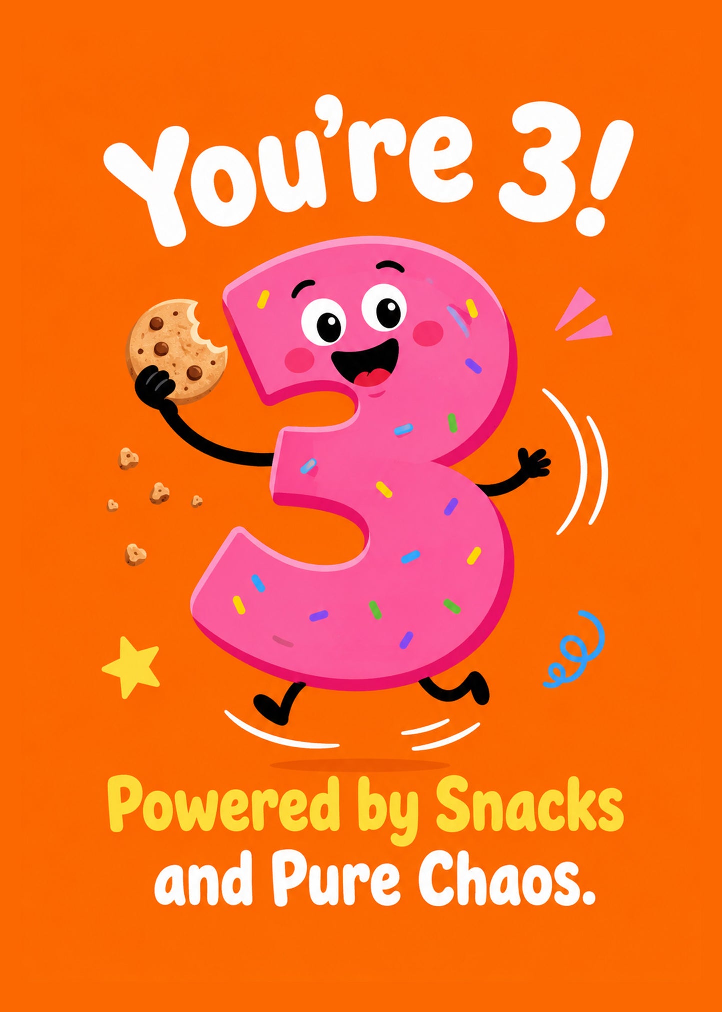 Funny birthday card with Snacks and Pure Chaos text, by Gigglz