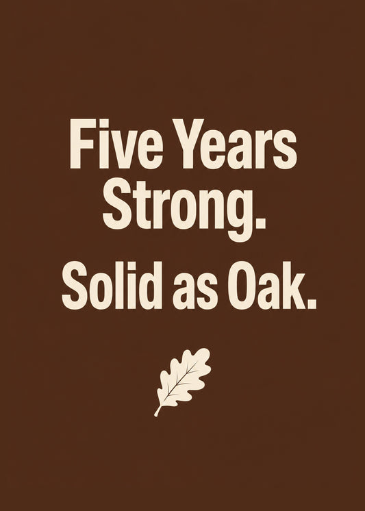 Heartfelt anniversary card showing a single oak leaf on deep brown, with Solid as Oak text, by Gigglz