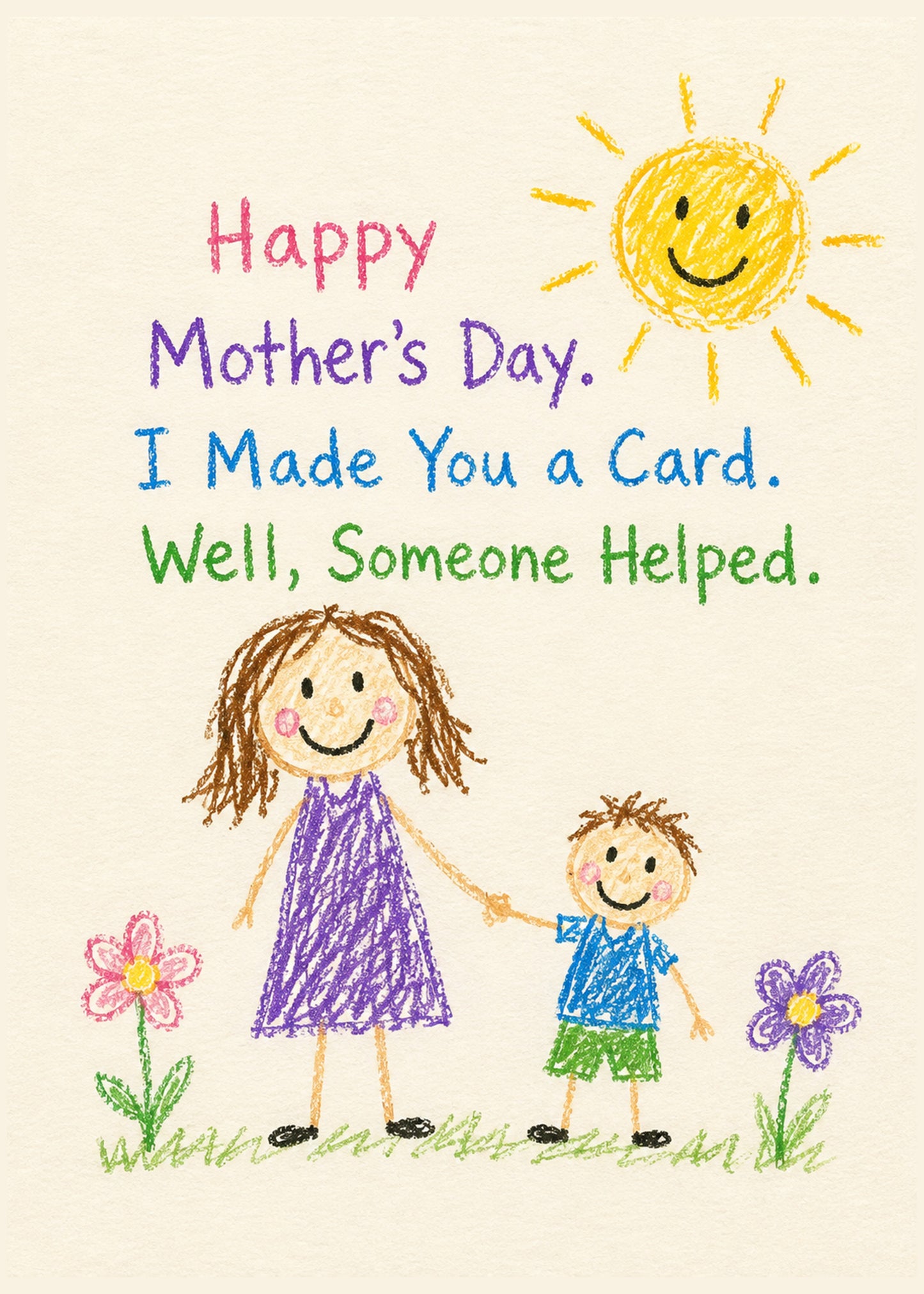 Funny Mother's Day card showing a child's wonky home-made card with glue and glitter, with I Made You a Card text, by Gigglz