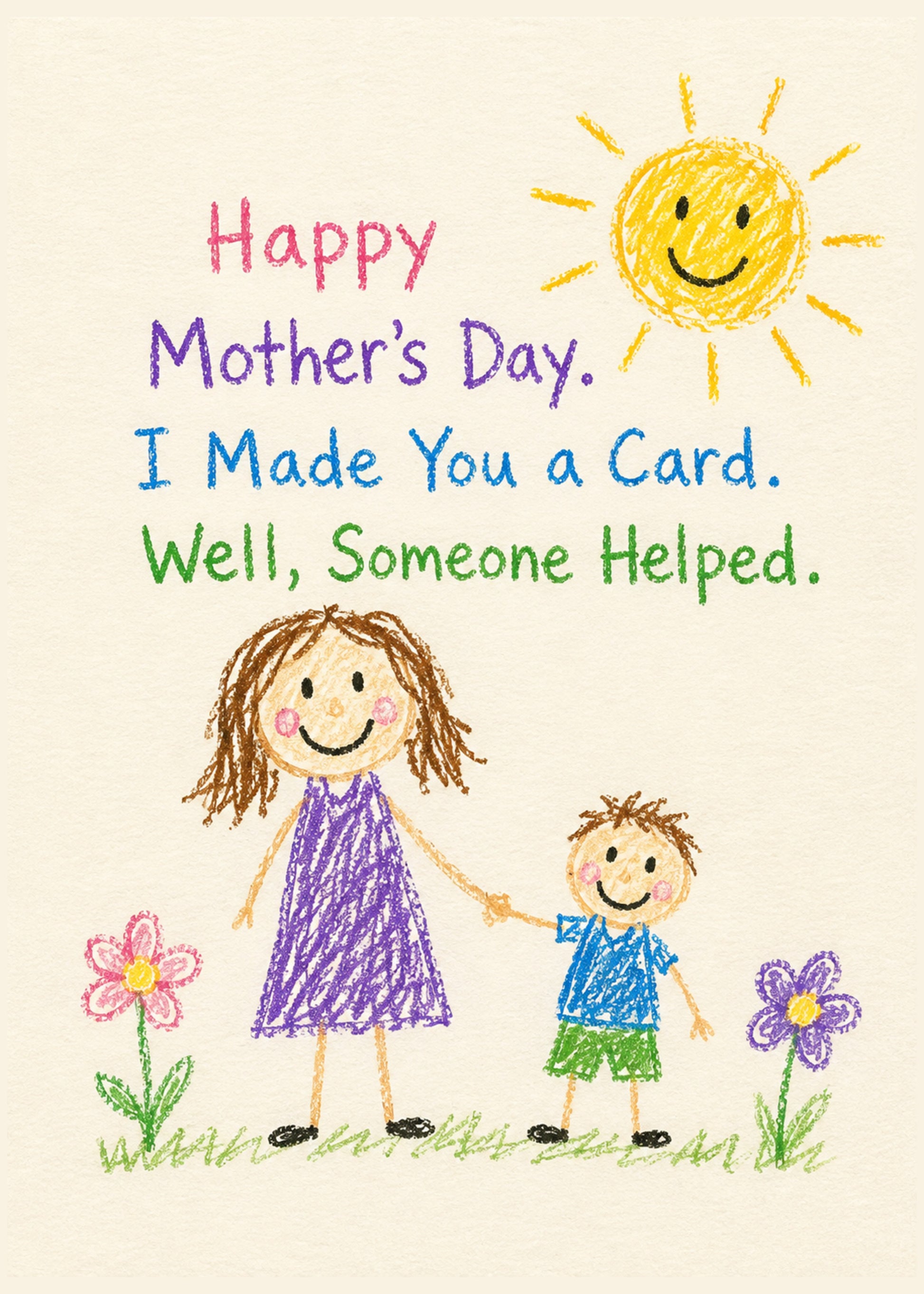 Funny Mother's Day card showing a child's wonky home-made card with glue and glitter, with I Made You a Card text, by Gigglz