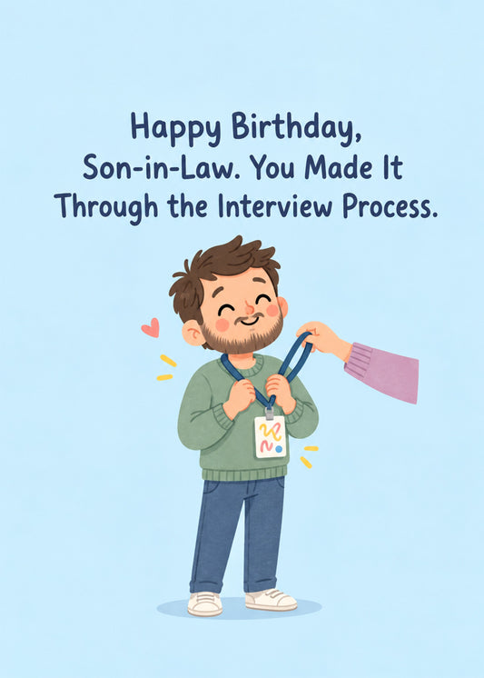 Funny birthday card showing a smiling man in a green jumper being handed a staff lanyard on a pale blue ground, by Gigglz