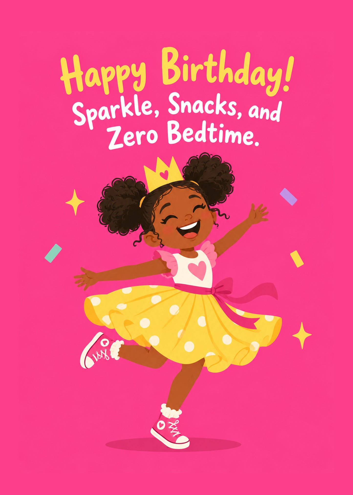 Funny birthday card showing a joyful girl in a crown and party dress dancing, with Sparkle text, by Gigglz