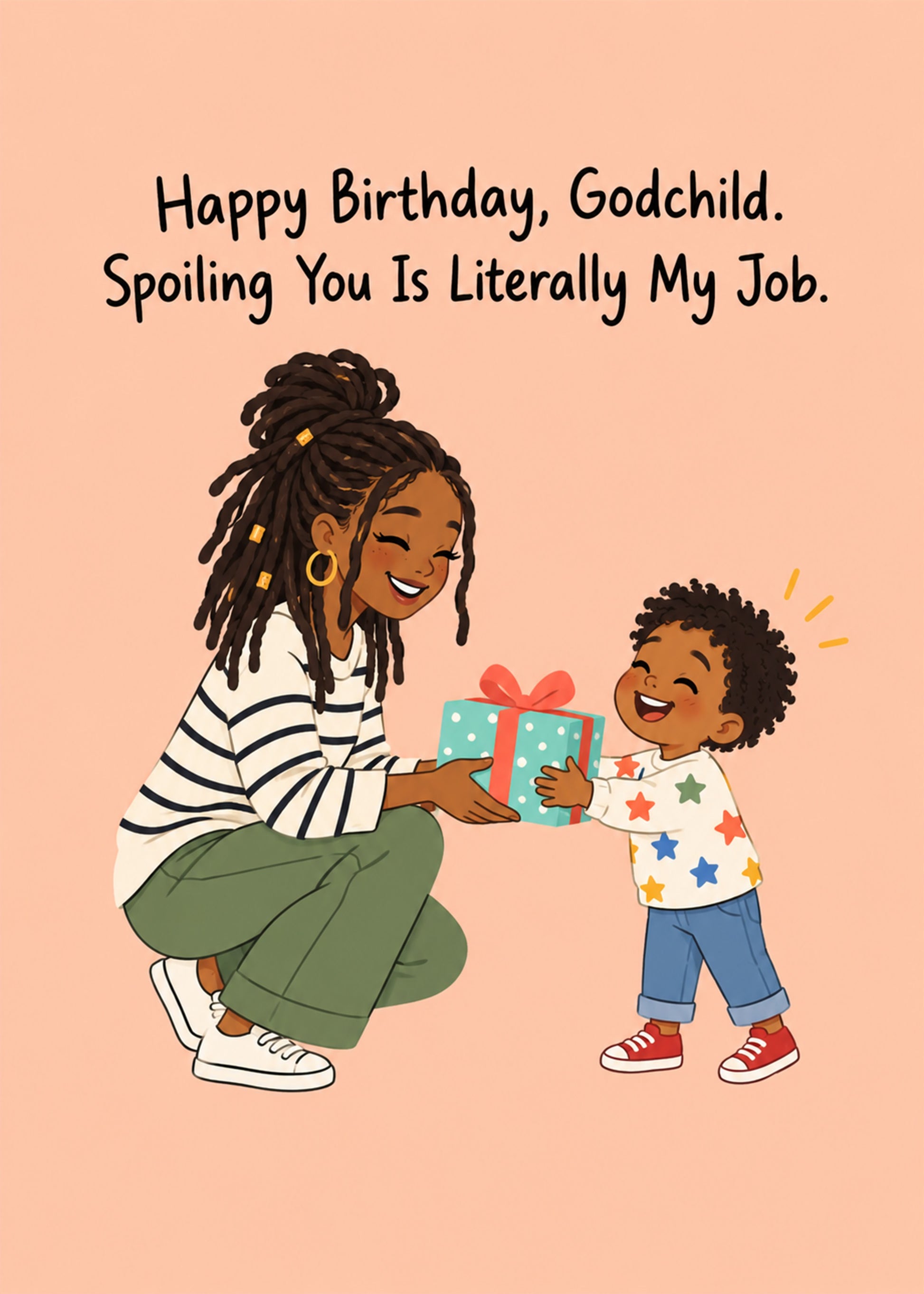 Cute birthday card showing a woman handing a wrapped gift to a delighted small child, by Gigglz