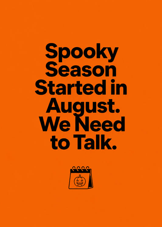 Funny Halloween card showing bold type with a desk calendar showing a pumpkin, by Gigglz