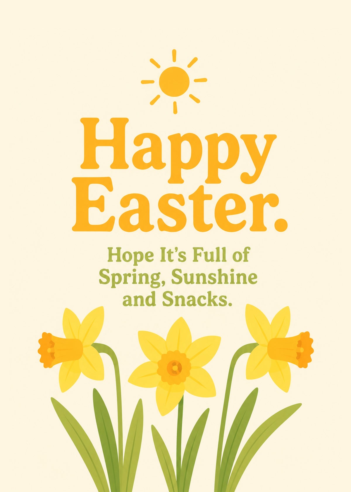 Cute Easter card showing a bright sun above cheerful daffodils, with Spring text, by Gigglz
